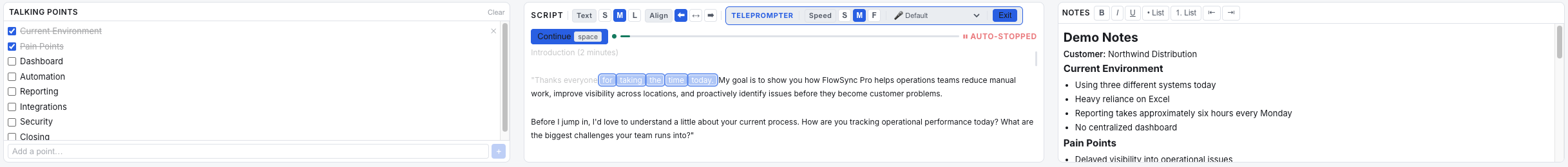 Talking points, a self-scrolling teleprompter script, and notes side by side
