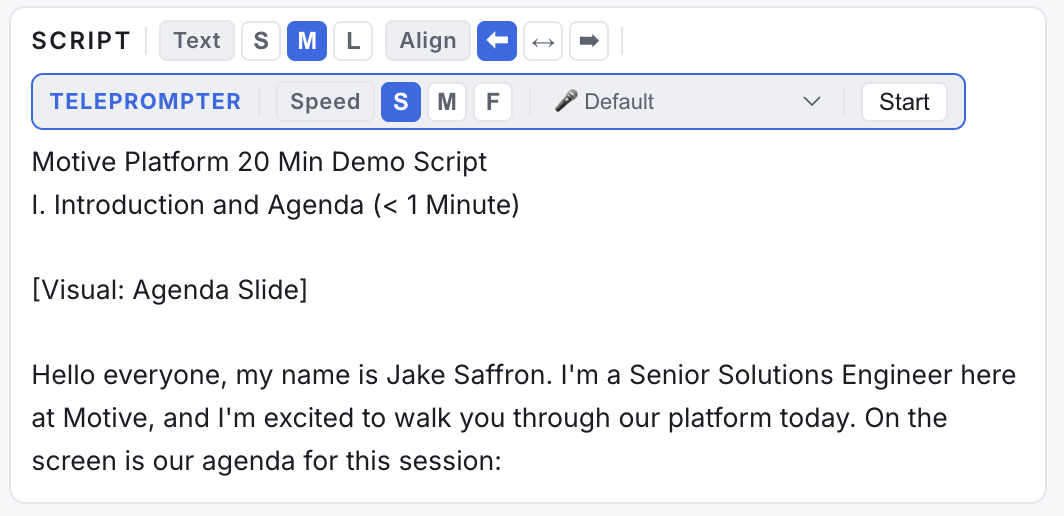 Self-scrolling teleprompter with your demo script