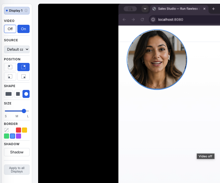 Webcam overlay controls, position, shape, size, and border
